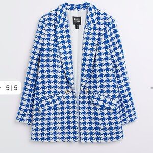 River Island London Blue and White Dogtooth Boucle Blazer Size US 2
